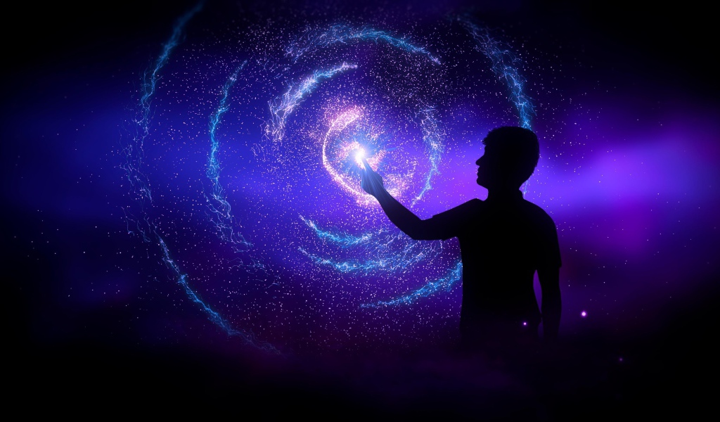 Мужчина прикасается в звездной галактике