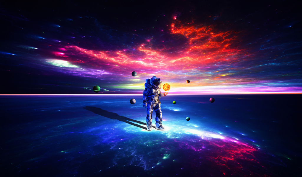 Астронавт на поверхности земли с планетами