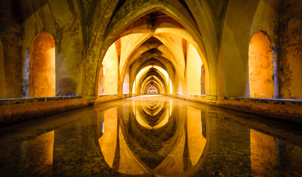 Старинная архитектура отражается в зеркальной поверхности 