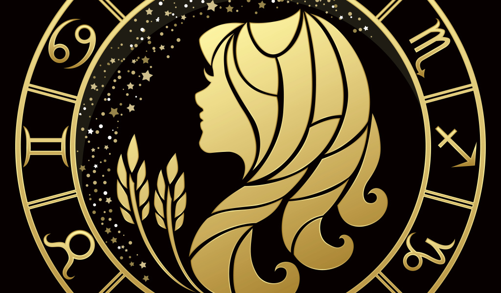 Золотой знак  зодиака дева на черном фоне