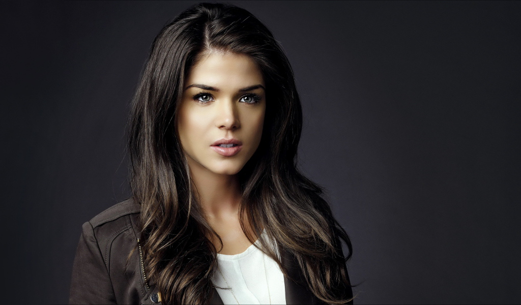 Красивая девушка брюнетка, актриса Мария Авгеропулос  на сером фоне