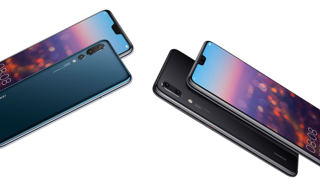 Красивые тонкие смартфоны Huawei P20 Pro на белом фоне
