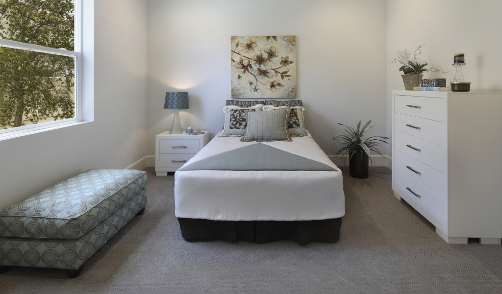 Спальная комната с кроватью и мягкой лежанкой у окна 