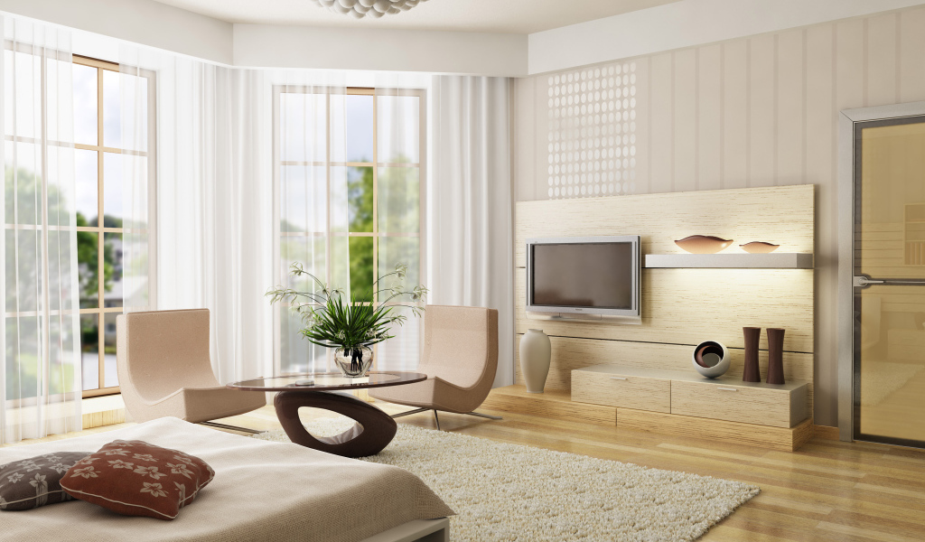 Спальня с журнальным столиком, телевизором и большими окнами