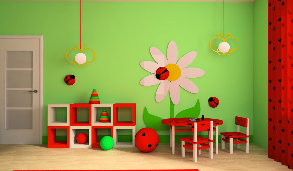 Яркая детская комната с красной мебелью и зелеными стенами