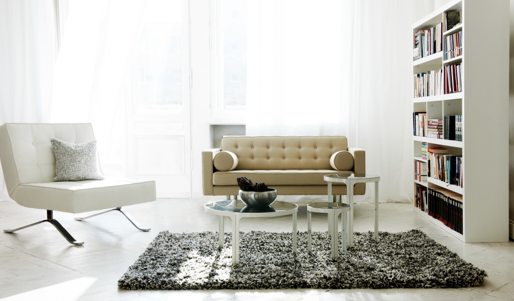 Светлая гостиная с книжным шкафом, диваном и креслом