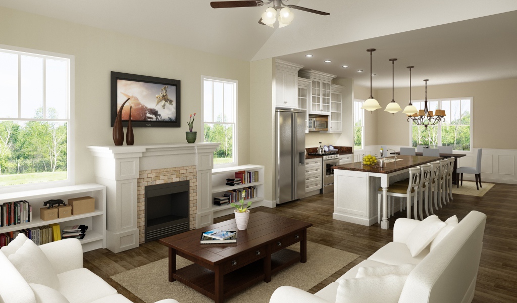 Светлая гостиная комната с кухней 