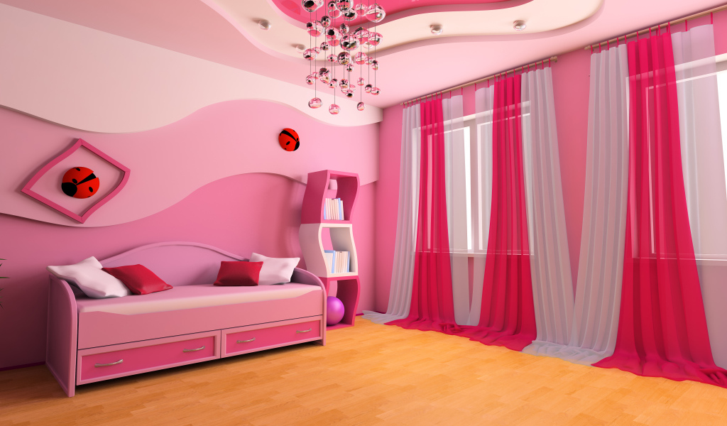 Детская комната в ярком розовом цвете с необычной люстрой 