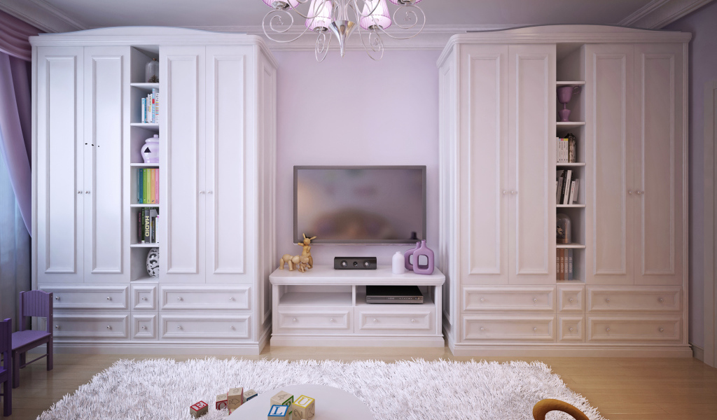 Детская комната с двумя большими белыми шкафами 