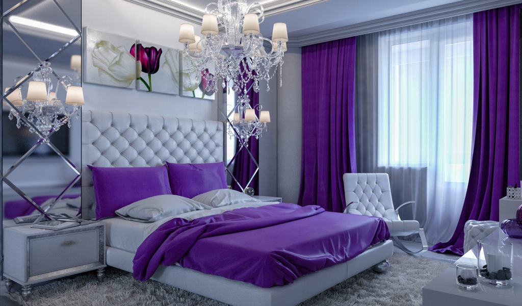 Большая спальная комната с фиолетовыми шторами
