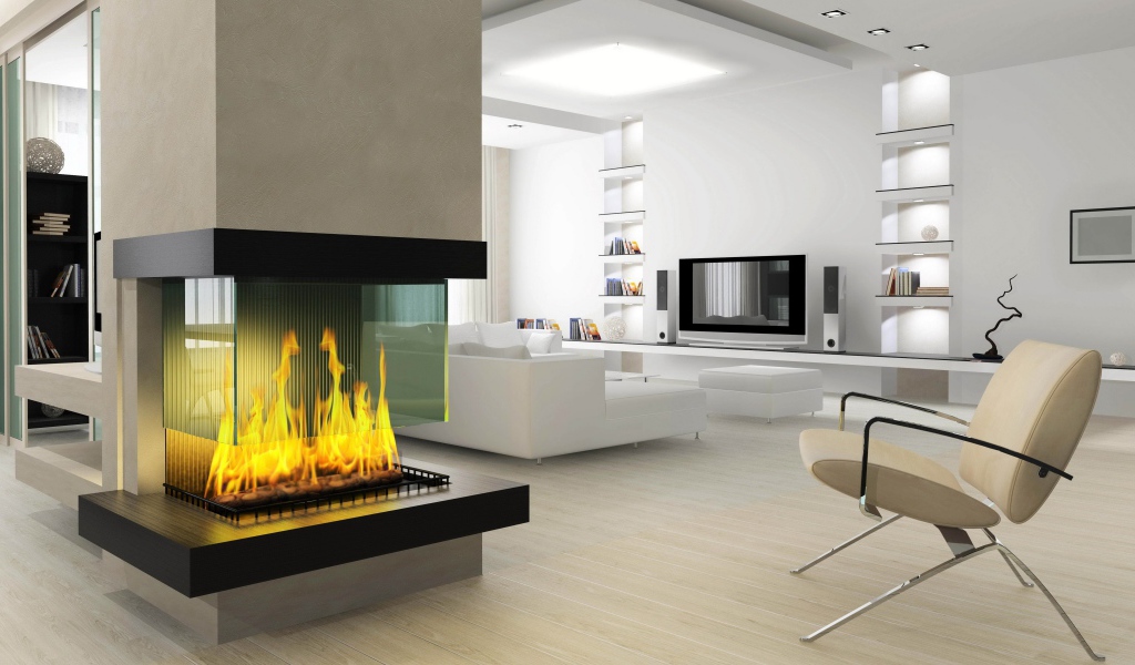 Большая светлая гостиная в стиле модерн с камином