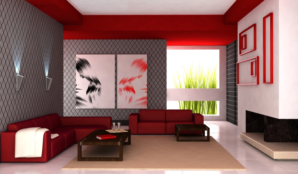 Living room design with red leather sofas