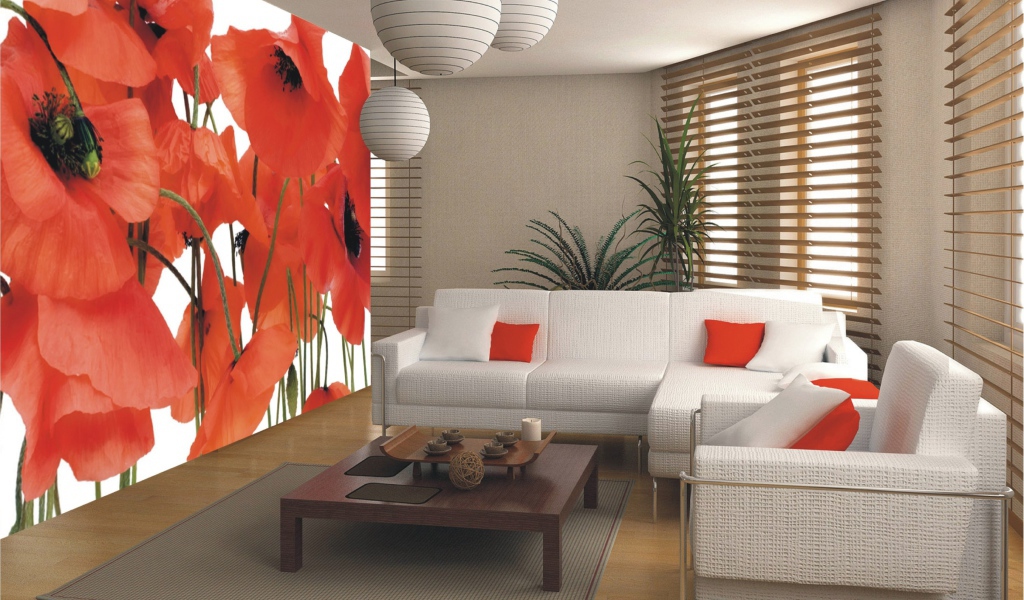 Гостиная комната с диваном и картиной с маками на стене 