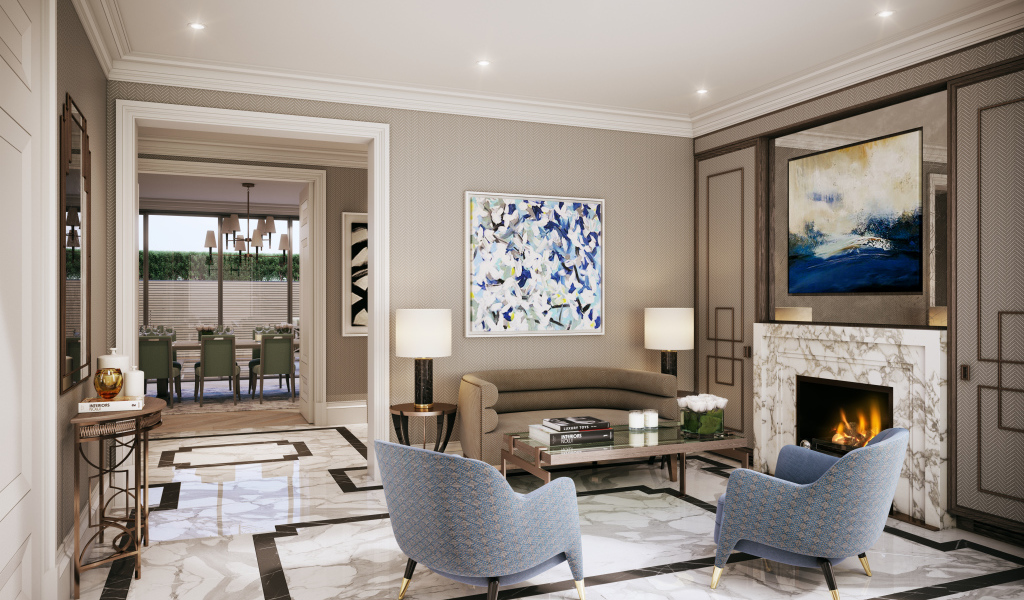 Гостиная с камином  и большой картиной на стене