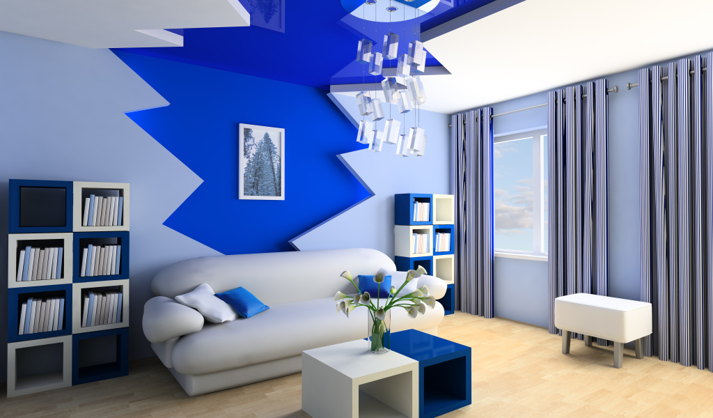 Гостиная комната с серо- синем цвете 