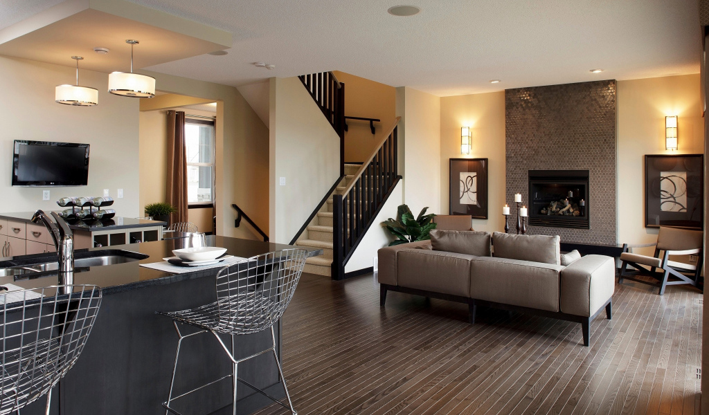 Гостиная с диваном совмещенная с кухней 