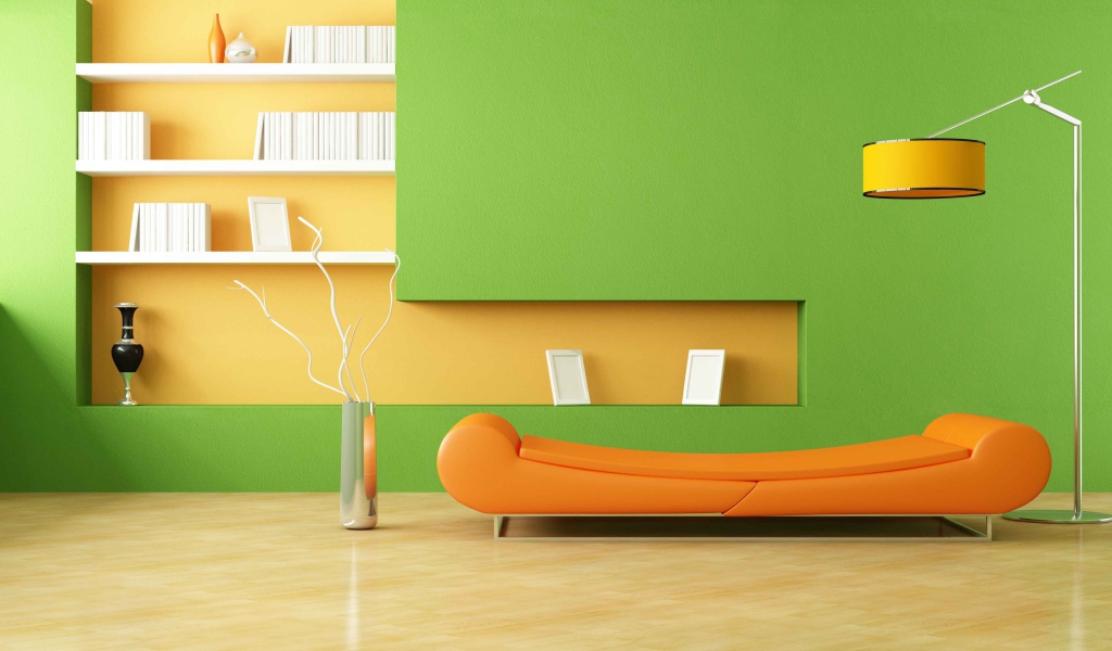 Комната в стиле минимализм с зеленой стеной 