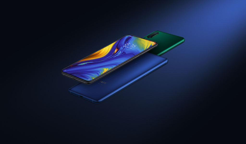 Новый безрамочный смартфон слайдер Xiaomi Mi Mix 3 на синем фоне