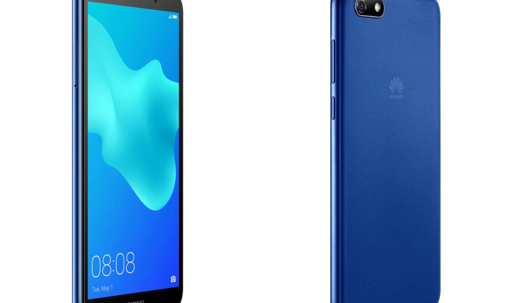 Смартфон Huawei Y5 Prime 2018 синего цвета на белом фоне