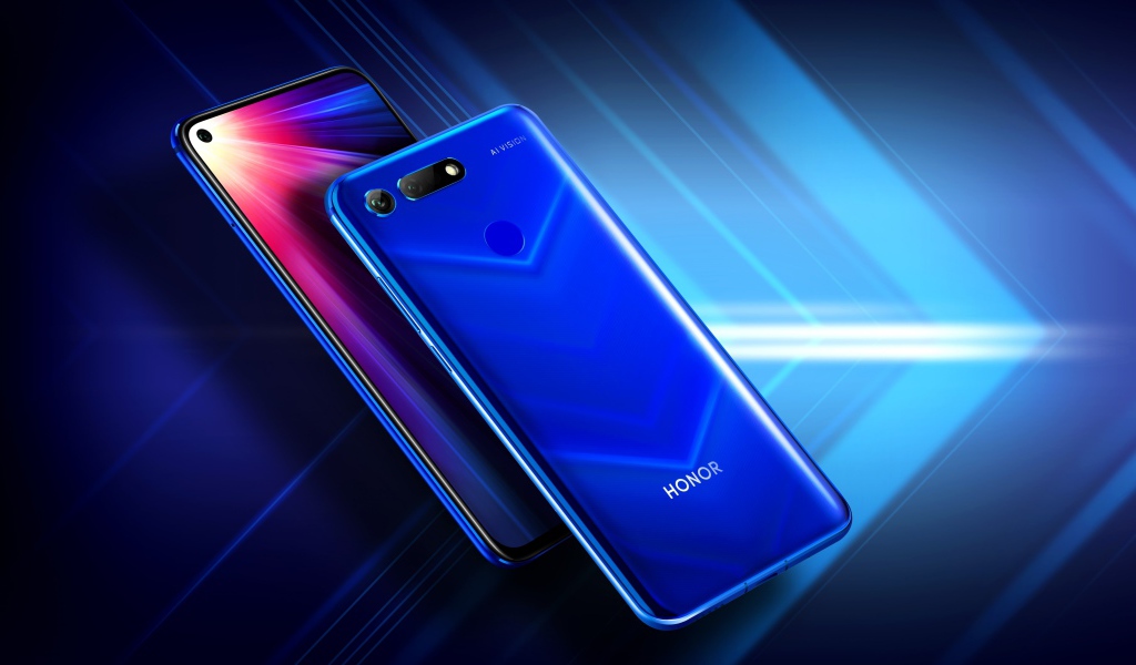 Стильные смартфоны Honor View 20 на синем неоновом фоне