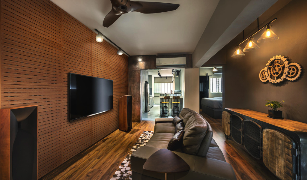 Стильная гостиная с коричневым интерьером