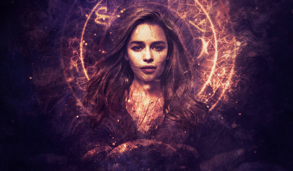 Лицо актрисы Эмилии Кларк на светящемся фоне,  фентези