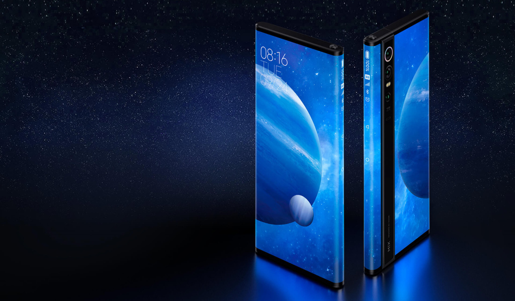 Новый смартфон Xiaomi Mi Mix Alpha на синем фоне