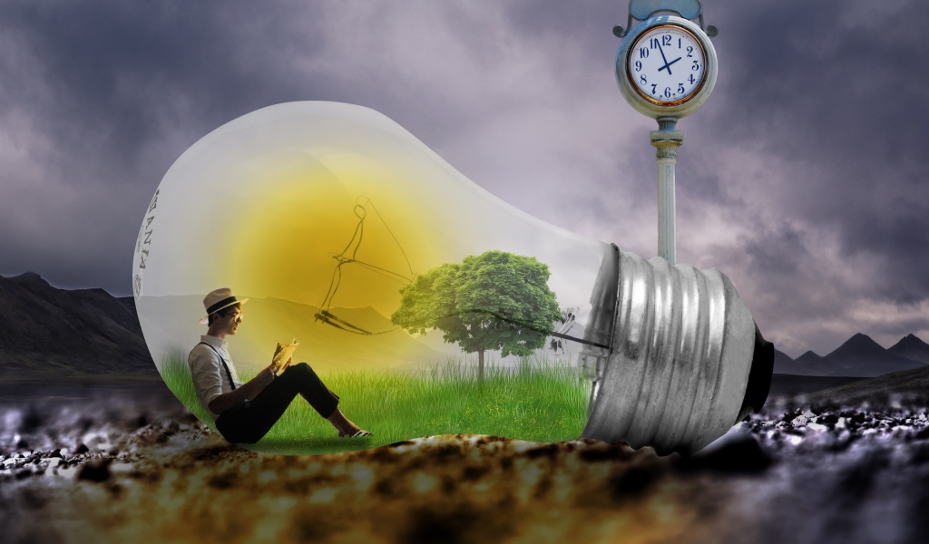 A man sits in a big fantastic light bulb by the clock