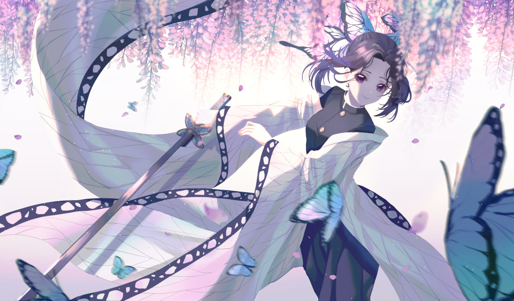 Красивая девушка азиатка с мечом и голубыми бабочками