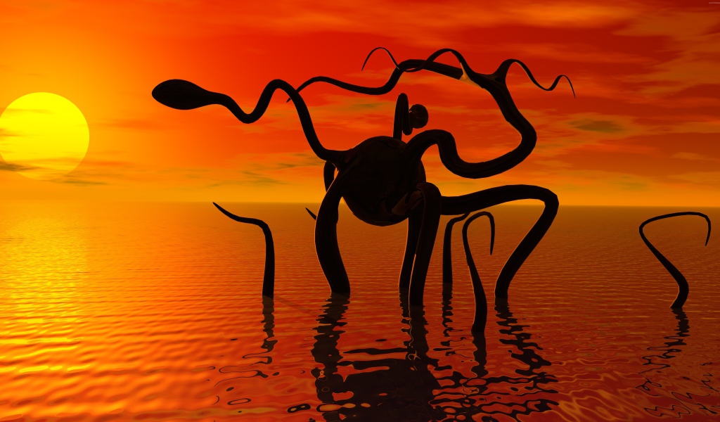 Фантастическое животное в спокойной морской воде на закате солнца