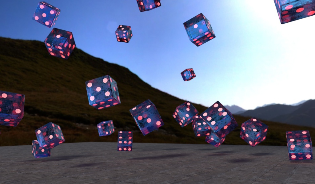 Летающие игральные кости над дорогой, 3д графика