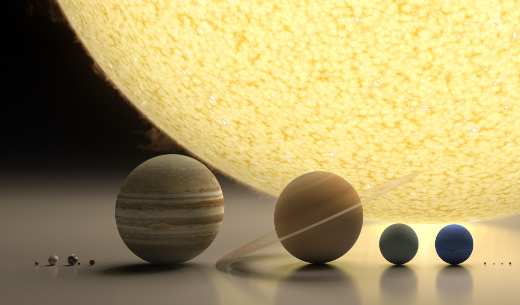Макеты планет у желтого солнца, 3д графика