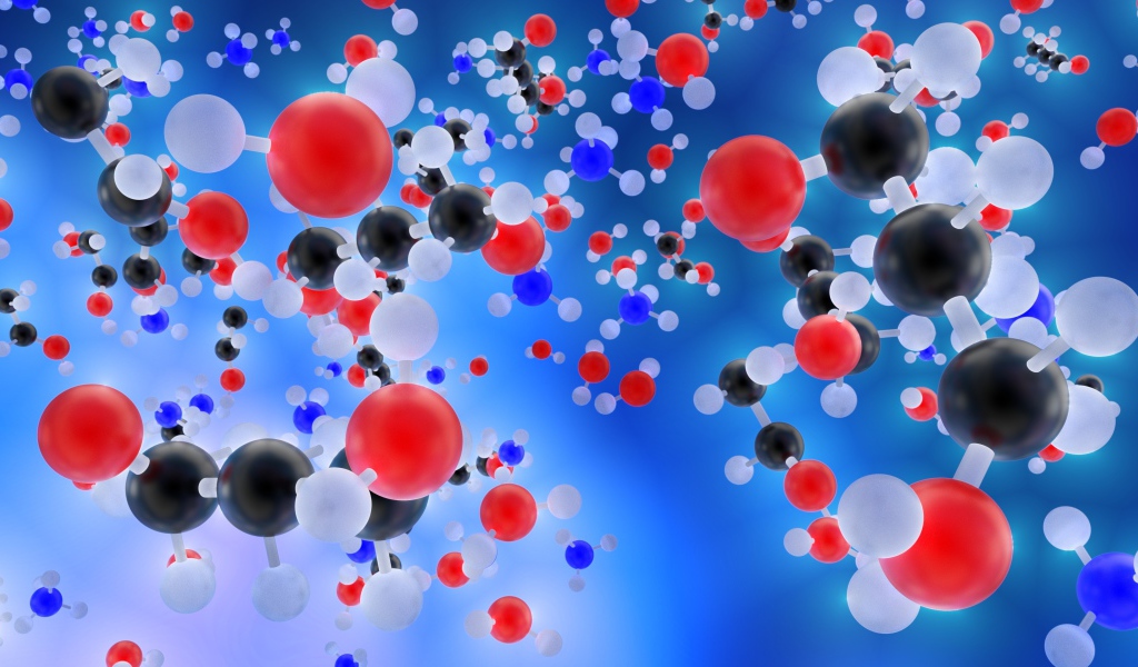 Разноцветные молекулы на голубом фоне