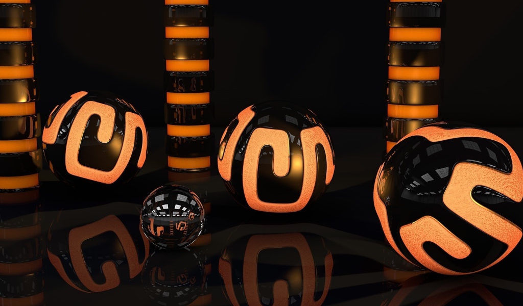 Оранжево-черные 3д шары отражаются в поверхности 