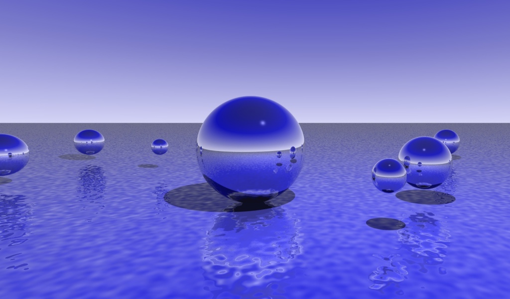 Фиолетовые 3д шары над водой 