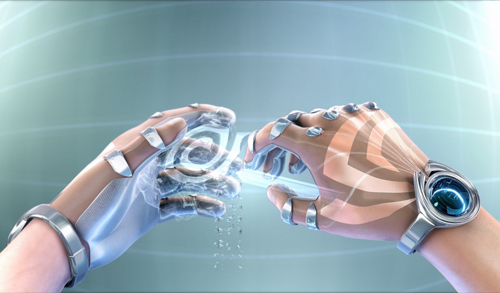 Две руки робота на сером фоне, 3д графика 