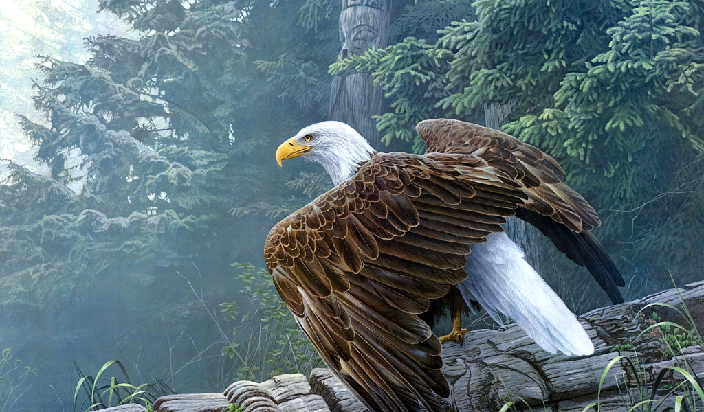 Большой белоголовый орлан сидит на столбе 