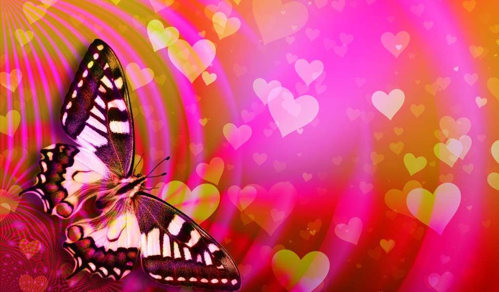 Большая бабочка махаон сидит на розовом фоне с сердечками