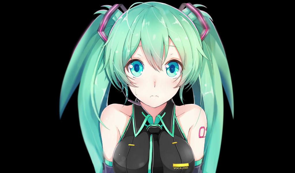 Anime girl Miku Hatsune with blue hair on a black background