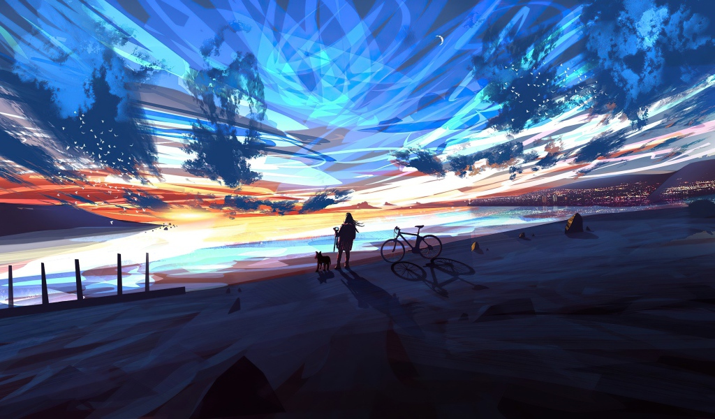 Девушка аниме смотрит на фантастическое небо 