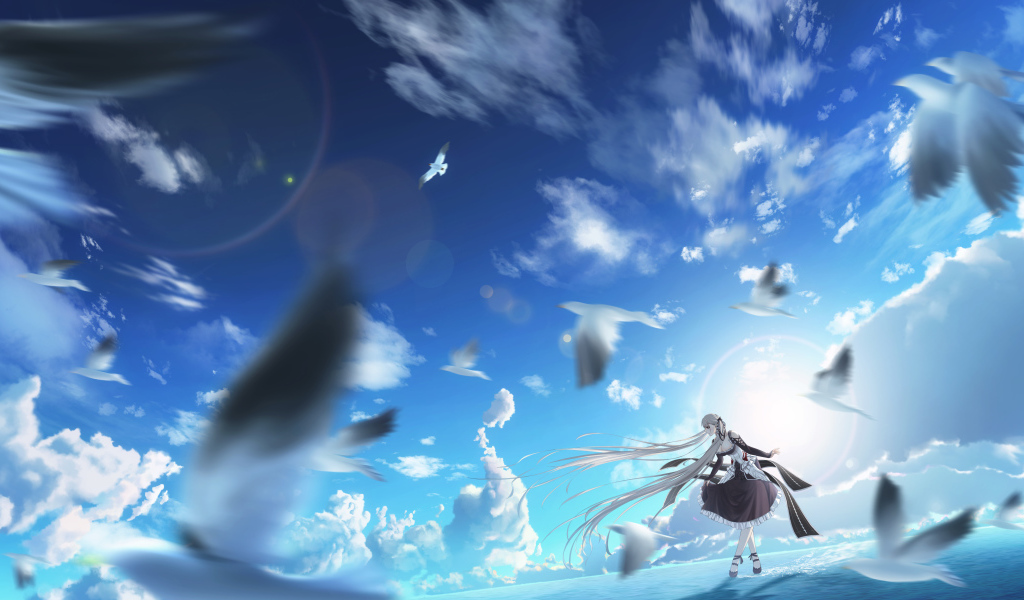 Девушка аниме на фоне голубого неба с птицами