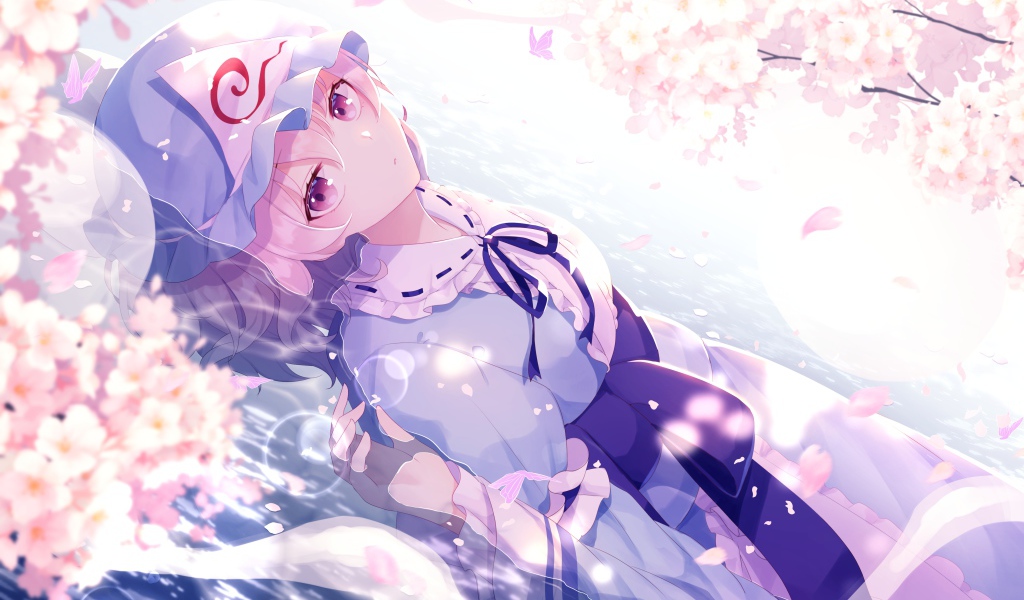 Девушка аниме на фоне белых цветов 
