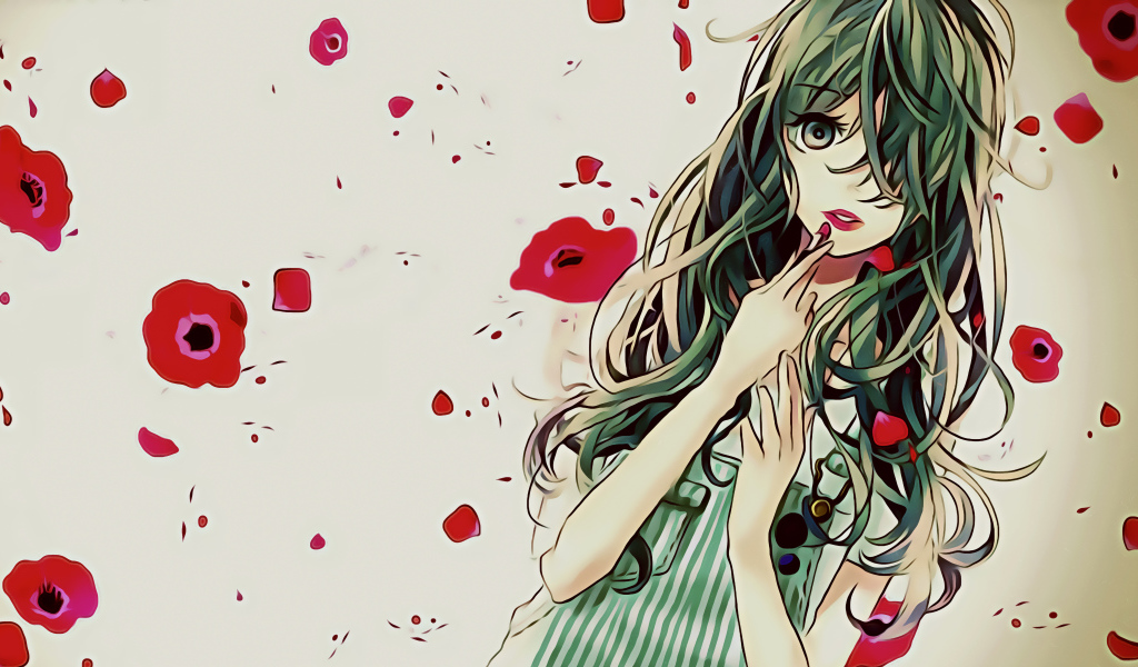 Anime girl on a background with red poppies