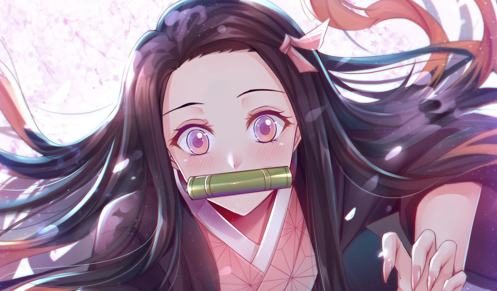 Девушка аниме с губной гармошкой во рту 