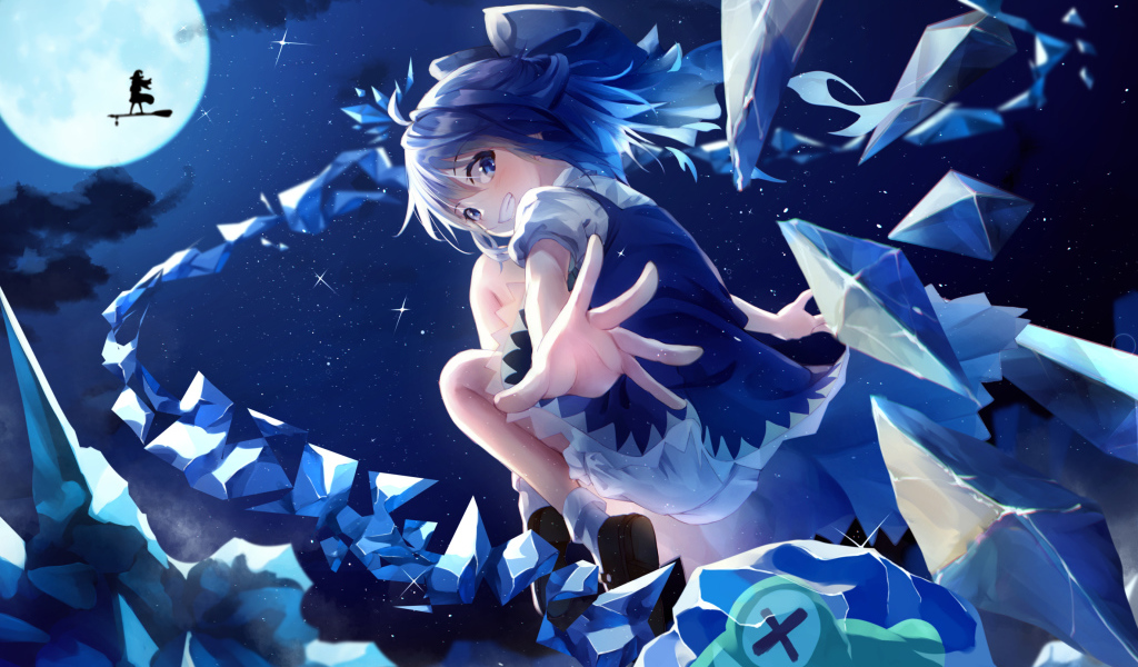 Девушка аниме с голубыми волосами бросает кристаллы 