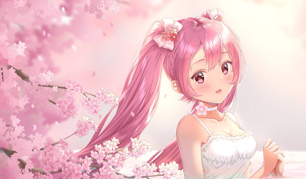 Девушка аниме с розовыми волосами в белом платье 