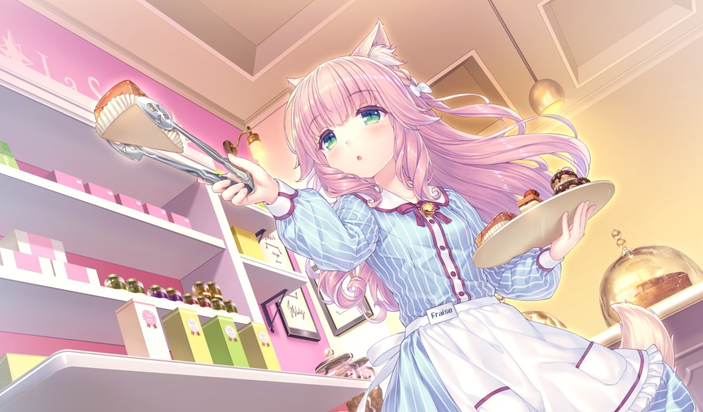 Девушка аниме с розовыми волосами на кухне