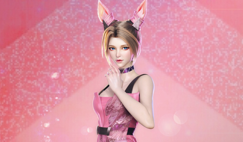 Девушка аниме с ушами белки на розовом фоне