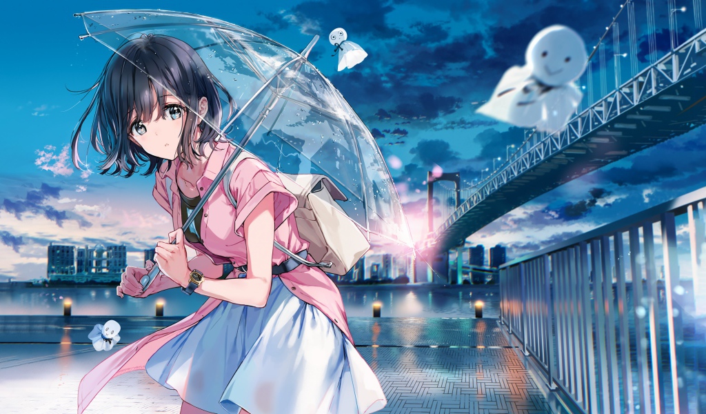 Девушка аниме с зонтом на мосту 