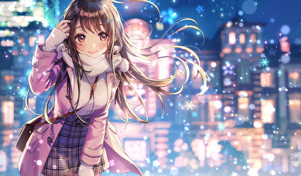 Девушка азиатка с длинными волосами зимой на улице